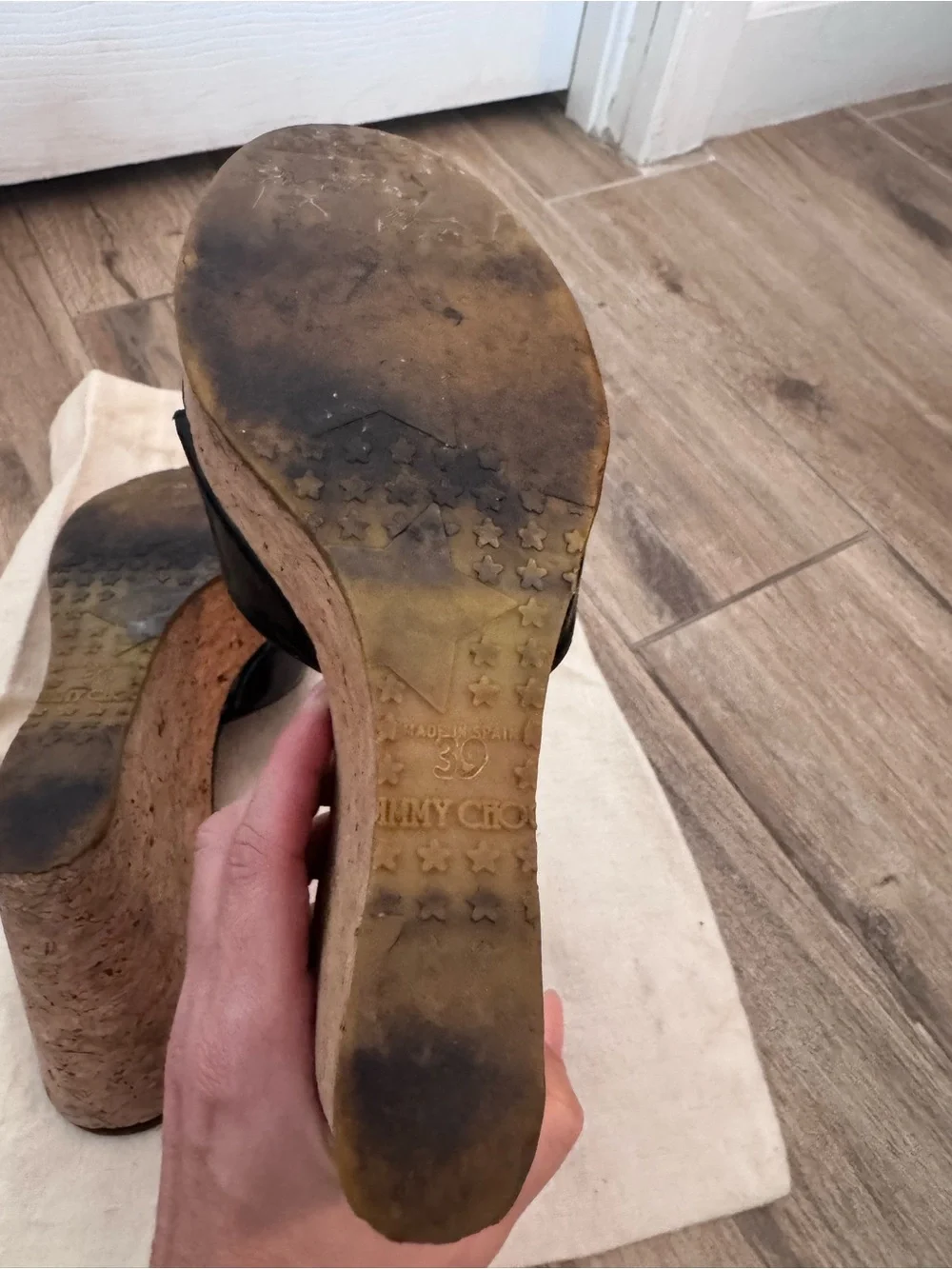 Jimmy Choo Black Patent Cork Platform Slide Sandals